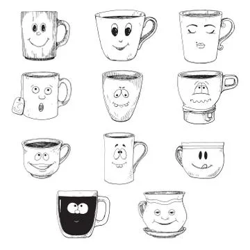 Hand drawn a set of cups in a cartoon style. Vector illustration Stock Illustration