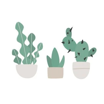 Hand drawn set of cute aloe vera, ?actus and succulent plants growing in pots Stock Illustration