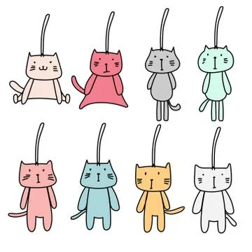 Hand Drawn Set Of Cute Cat Keychain. Stock Illustration