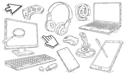 Hand drawn set of devices and workplace elements. Vector illustration. Stock Illustration