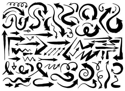 Hand drawn set of different arrows painted with ink brush Illustrazione stock