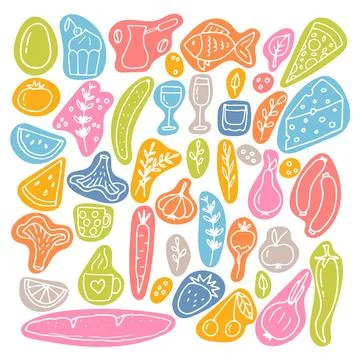 Hand drawn set of different food and drinks. Doodle style. Healthy food ing.. Stock Illustration