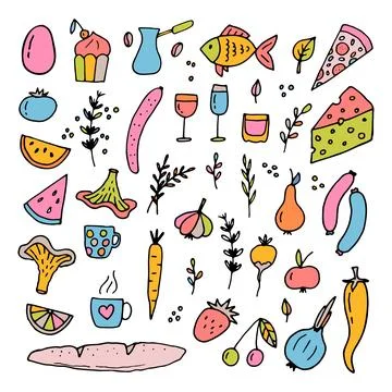 Hand drawn set of different food and drinks. Doodle style. Healthy food ing.. Stock Illustration