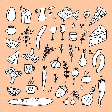 Hand drawn set of different food and drinks. Doodle style. Healthy food ing.. Stock Illustration