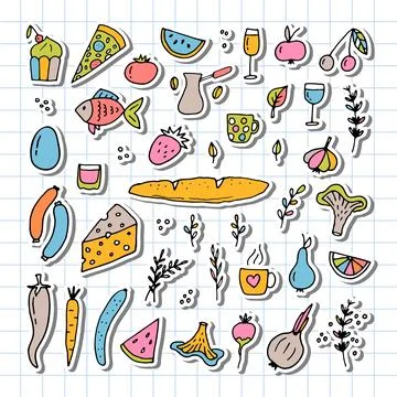 Hand drawn set of different food and drinks. Doodle style. Healthy food ing.. Stock Illustration