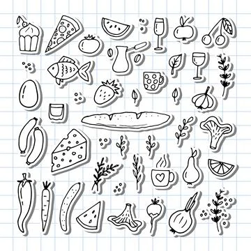 Hand drawn set of different food and drinks. Doodle style. Healthy food ing.. Stock Illustration