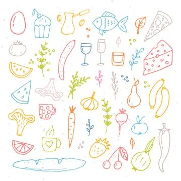 Hand drawn set of different food and drinks. Doodle style. Healthy food ing.. Stock Illustration