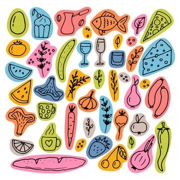Hand drawn set of different food and drinks. Doodle style. Healthy food ing.. Stock Illustration