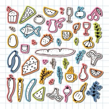 Hand drawn set of different food and drinks. Doodle style. Healthy food ing.. Stock Illustration