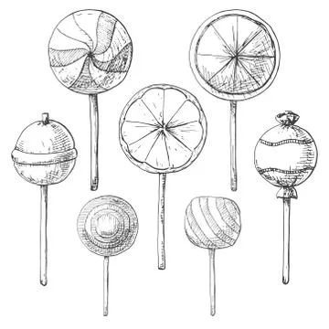 Hand drawn set of different lollipops. Vector illustration of a sketch style. Stock Illustration