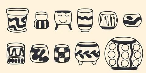 Hand drawn set of different pots for growing indoor flowers and plants Stock Illustration
