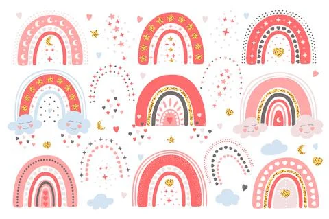 Hand drawn set of different rainbows with hearts, clouds, stars, moon. Stock Illustration