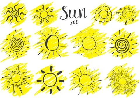 Hand drawn set of different suns, sketch vector illustration isolated on whit Stock Illustration