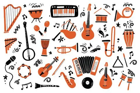 Hand drawn set of different types musical instrument Stock Illustration