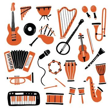 Hand drawn set of different types musical instrument Stock Illustration