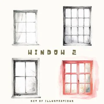 Hand drawn set of different types of windows. Watercolor illustration. Stock Illustration