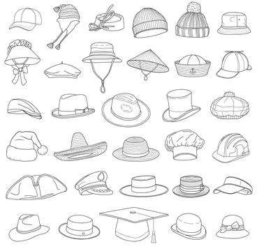 Hand drawn set different types hats Isolated on White Background Ilustración de archivo