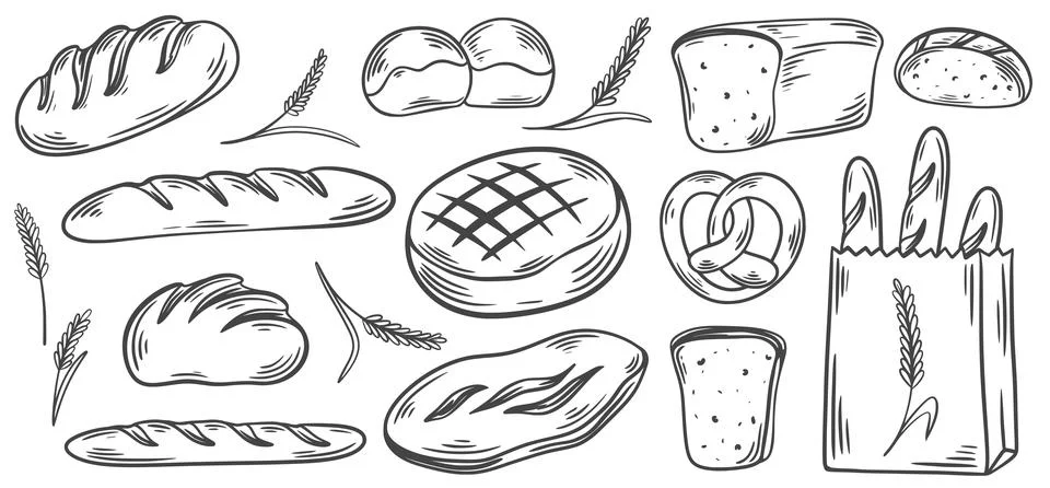 Hand drawn set of different types of bread Stock Illustration
