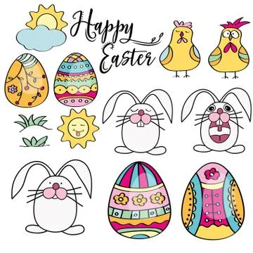 Hand drawn set of Easter design elements.  Perfect for holiday decoration and 库存插图