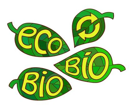 Hand drawn set of Eco labels. Ecology Inscriptions on leaf Illustrazione stock