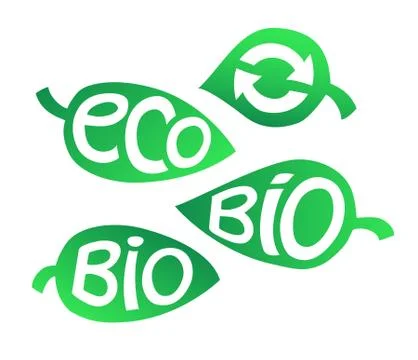 Hand drawn set of Eco labels. Ecology Inscriptions on leaf Stock Illustration