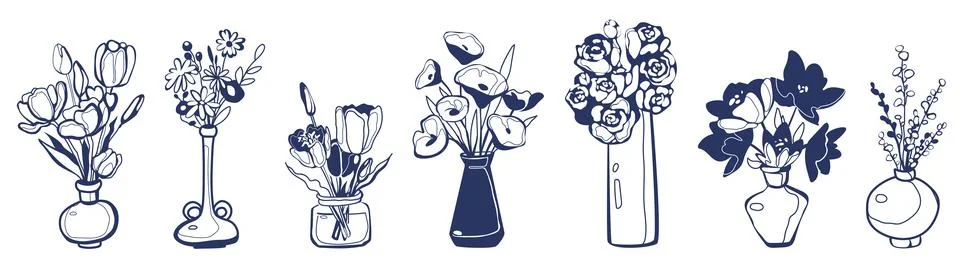 Hand-drawn set of elegant vases with spring flowers Stock Illustration