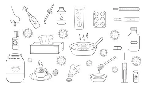 Hand-drawn set of elements related to colds. Methods of treatment for colds. Stock Illustration