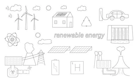 Hand drawn set of elements showing how to use renewable energy in nature. Stock Illustration