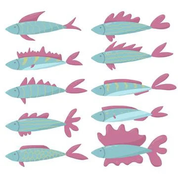Hand-drawn set of fish. Stock Illustration