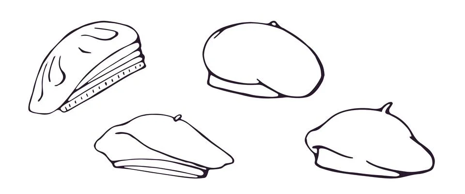 Hand drawn set of four beret hats doodle illustration on white background Stock Illustration