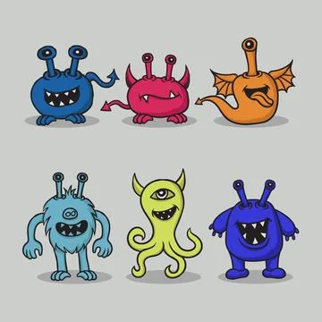 Hand drawn set of funny cute monster illustration doodle vector Illustrazione stock