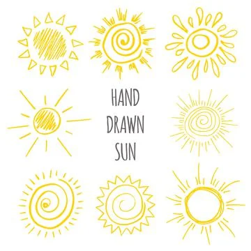 Hand drawn set of funny vector doodle suns Stock Illustration