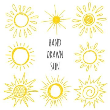 Hand drawn set of funny vector doodle suns Stock Illustration