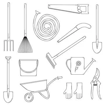 Hand drawn set of gardening tools. Tools for planting and caring for plants Stock Illustration