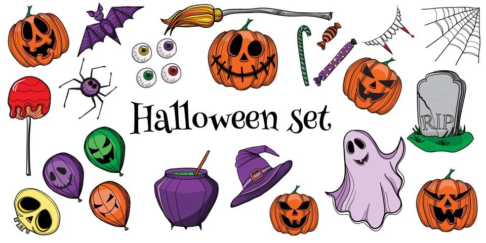 Hand drawn set of halloween elements isolated on white background. Stock Illustration