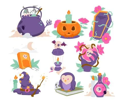 Hand drawn set of Halloween Objects Character Elements collection for hallo.. Stock Illustration