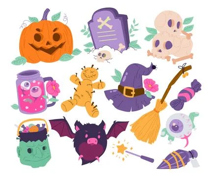 Hand drawn set of Halloween Objects Character Elements collection for hallo.. 스톡 일러스트
