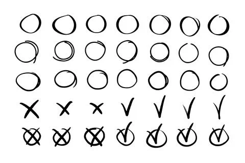 Hand drawn set highlight circles and check mark icons Stock Illustration