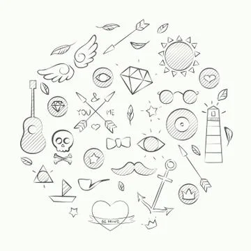 Hand drawn set of hipster elements over beige Illustrazione stock