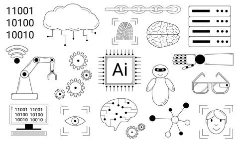 Hand-drawn set of illustrations about artificial intelligence. Illustrazione stock