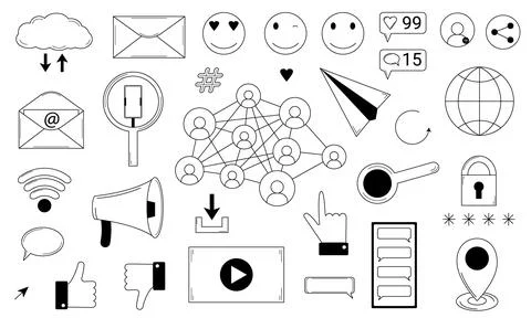 Hand drawn set of illustrations about social networks and media. Stock Illustration