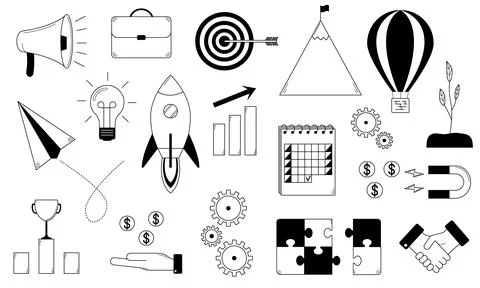 Hand drawn set of illustrations about a startup. Starting a business Stock Illustration
