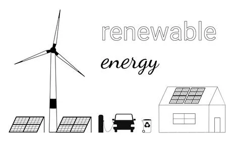 Hand drawn set of illustrations showing how to use renewable energy sources Stock Illustration
