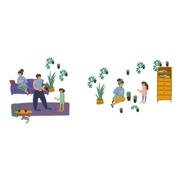 Hand-drawn set of illustrations, teach your daughter household chores. A set of Stock Illustration