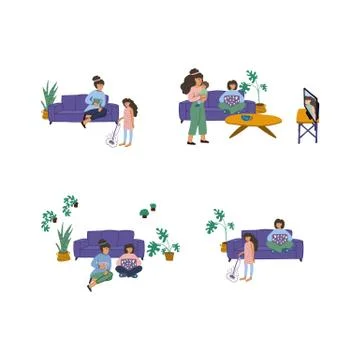 Hand-drawn set of illustrations, teach your daughter household chores. A set of Stock Illustration