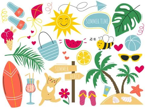 Hand drawn set illustrations on theme of summer beach holiday Illustrazione stock