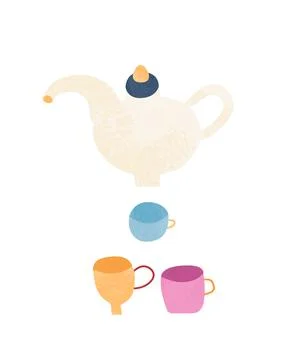 Hand drawn set of kettle and cups. Modern vector illustration isolated on whi Stock Illustration