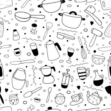 Hand drawn set of kitchen tools pattern Stock Illustration