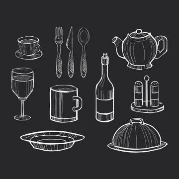 Hand drawn set of kitchen utensils on a chalkboard Stock Illustration