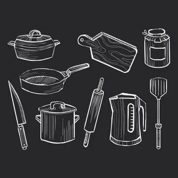 Hand drawn set of kitchen utensils on a chalkboard Stock Illustration